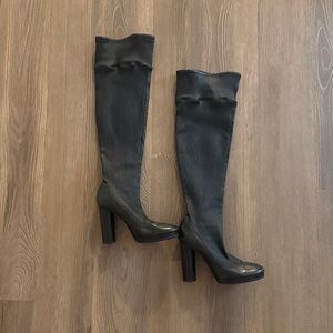 Vintage D&G black thigh high pleated leather platform boots